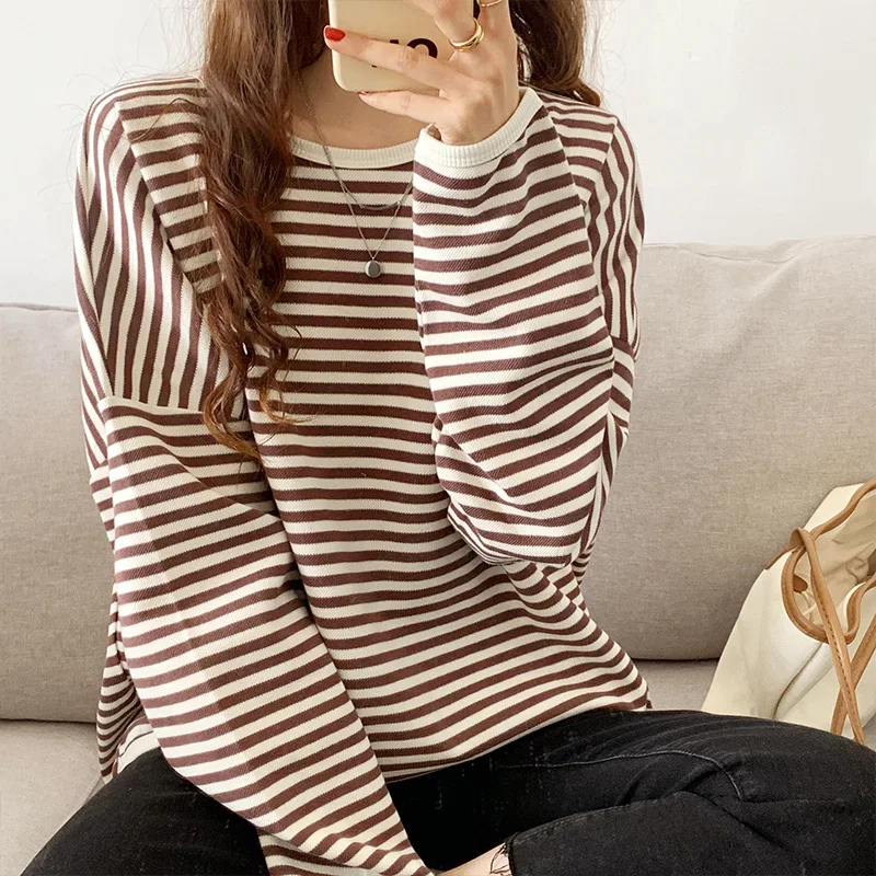 Spring Autumn Women's Clothing New Fashion Pullover Thin Casual New Striped Round Neck Sweater Loose Long Sleeve Large Tops