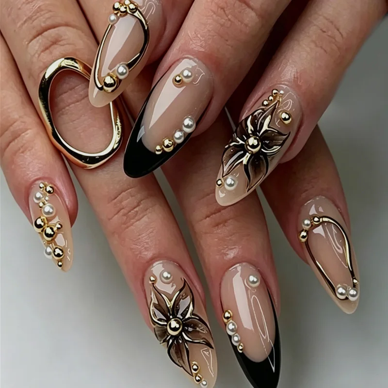 24 faux ongles longs en forme d'amande, noirs, style français, avec fleurs 3D, perles et clous dorés, réutilisables, à couverture complète