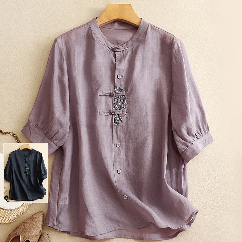 

Retro Button Linen Embroidered Casual ort Sve f Open Collar Mom Summer Top Large Size Women's Faion