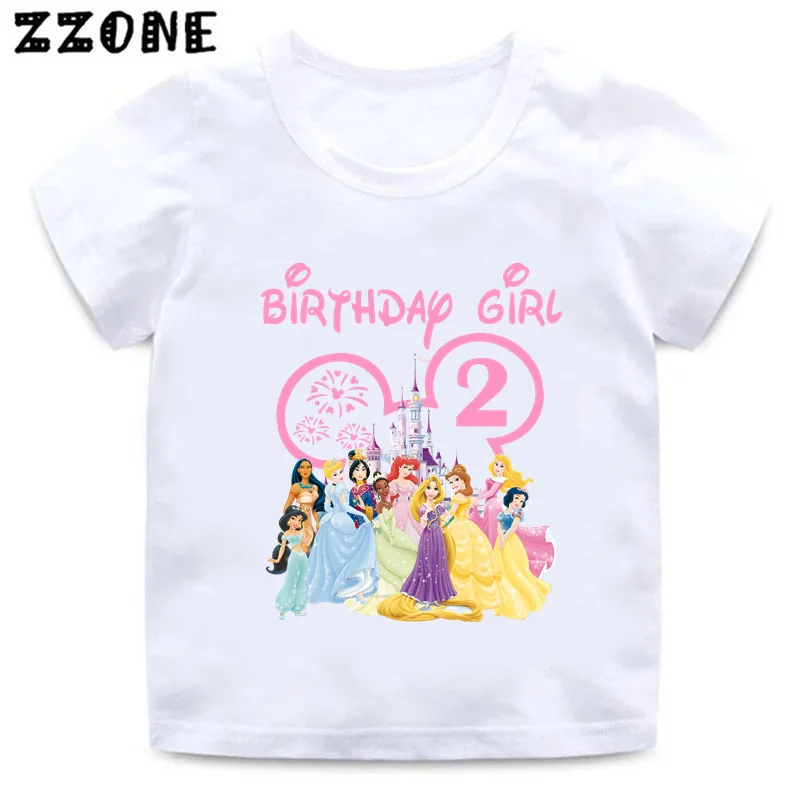 Hot Sale Disney Princess Graphic Birthday Girl Kids T shirt Age 1 2 3 4 5 6 7 8 9 Years Girls Clothes Party Kawaii Baby T-Shirts