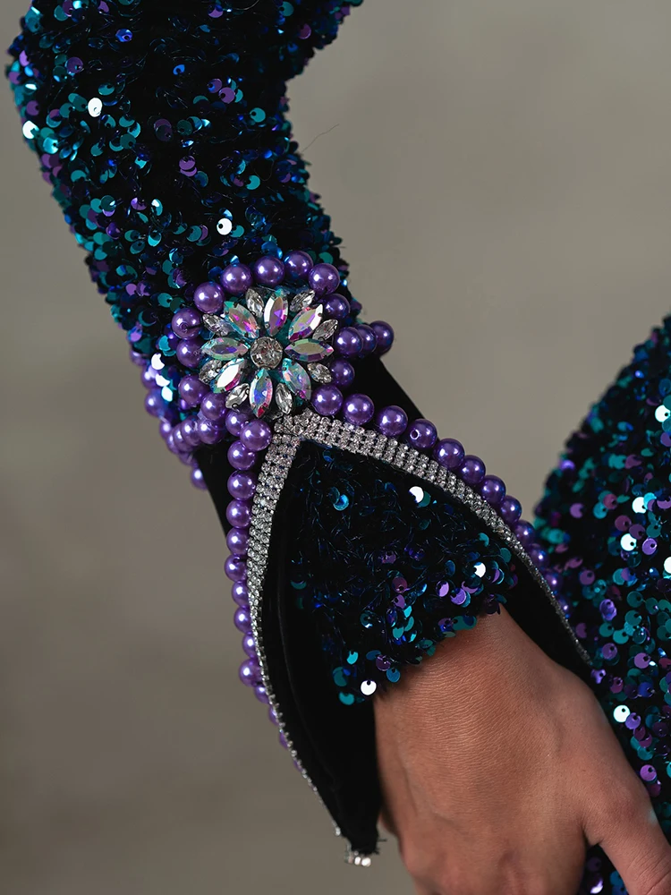 인어 긴 드레스 라인 석 스퀘어 칼라 긴 소매 핸드 크래프트 진주 다이아몬드 꽃 컬러 블록 파티 이브닝 ​​가운