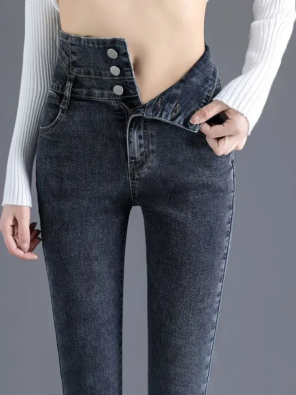 

High-Waisted Stretchy Slimming Women's Jeans Korean Sle Cotton Elastic Casual Long Trousers Faionable And Versatile