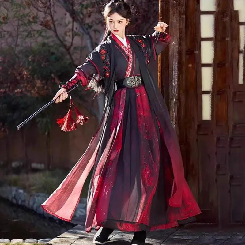 النساء الرجال أسود أحمر Hanfu سلالة سونغ التقليدية Beizi تنورة التاريخ القديم المبارز تأثيري حلي هالوين Wuxia الدعاوى #2
