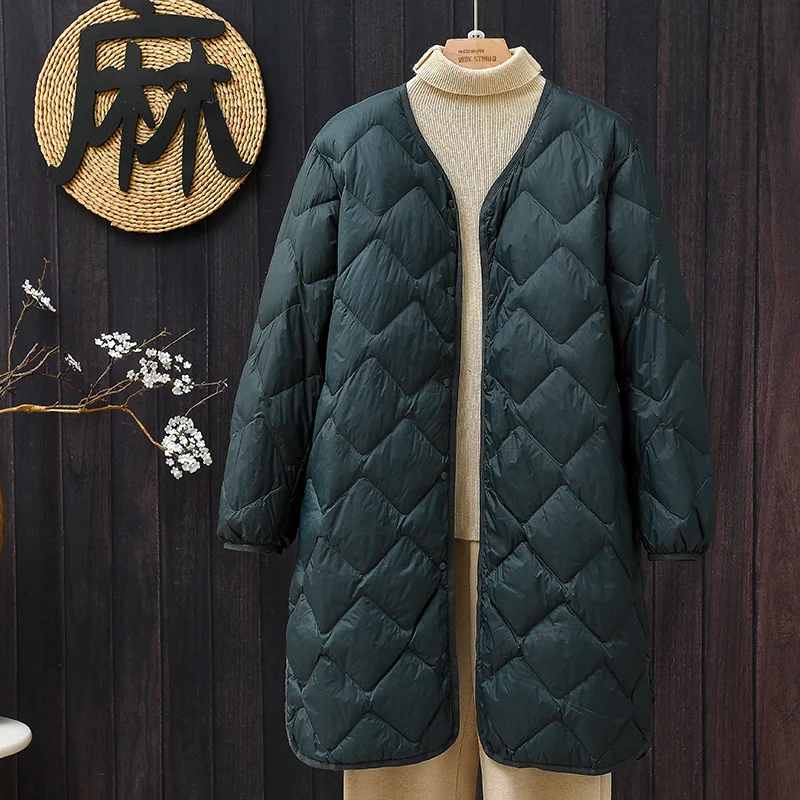 Down Coat Women Solid Jacket Diamond Quilt Button Round Neck Long Sleeves Long Loose Single Breasted Casual 2025 Autumn Winter