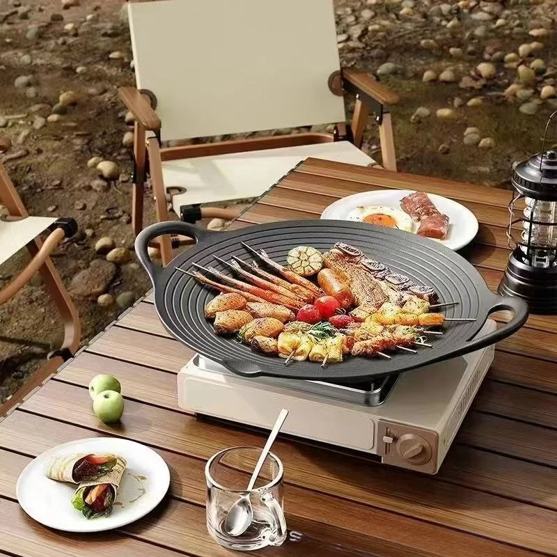 Outdoor Camping Gusseisen Topf Outdoor Grillpfanne Große Bratpfanne Teppanyaki mit Griff Bratgrill
