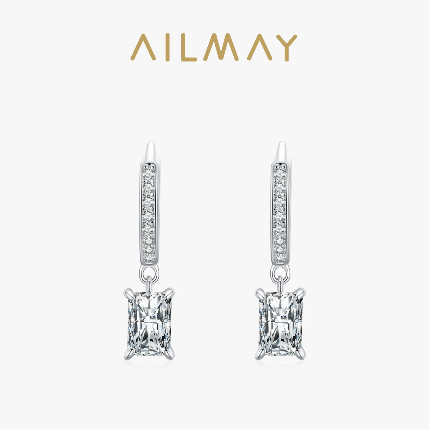 Ailmay 100% 925 Sterling Silver Shiny Cubic Zircon Rectangle Fashion Drop Earrings For Women Luxury Wedding Accessories Jewelry