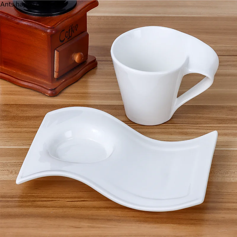 Pure White Ceramic Mug Coffee Cup and Saucer Set Milk Tea Cups Wave Coffee Mug Office Afternoon Tea Cup Milk Cups Tea Mugs