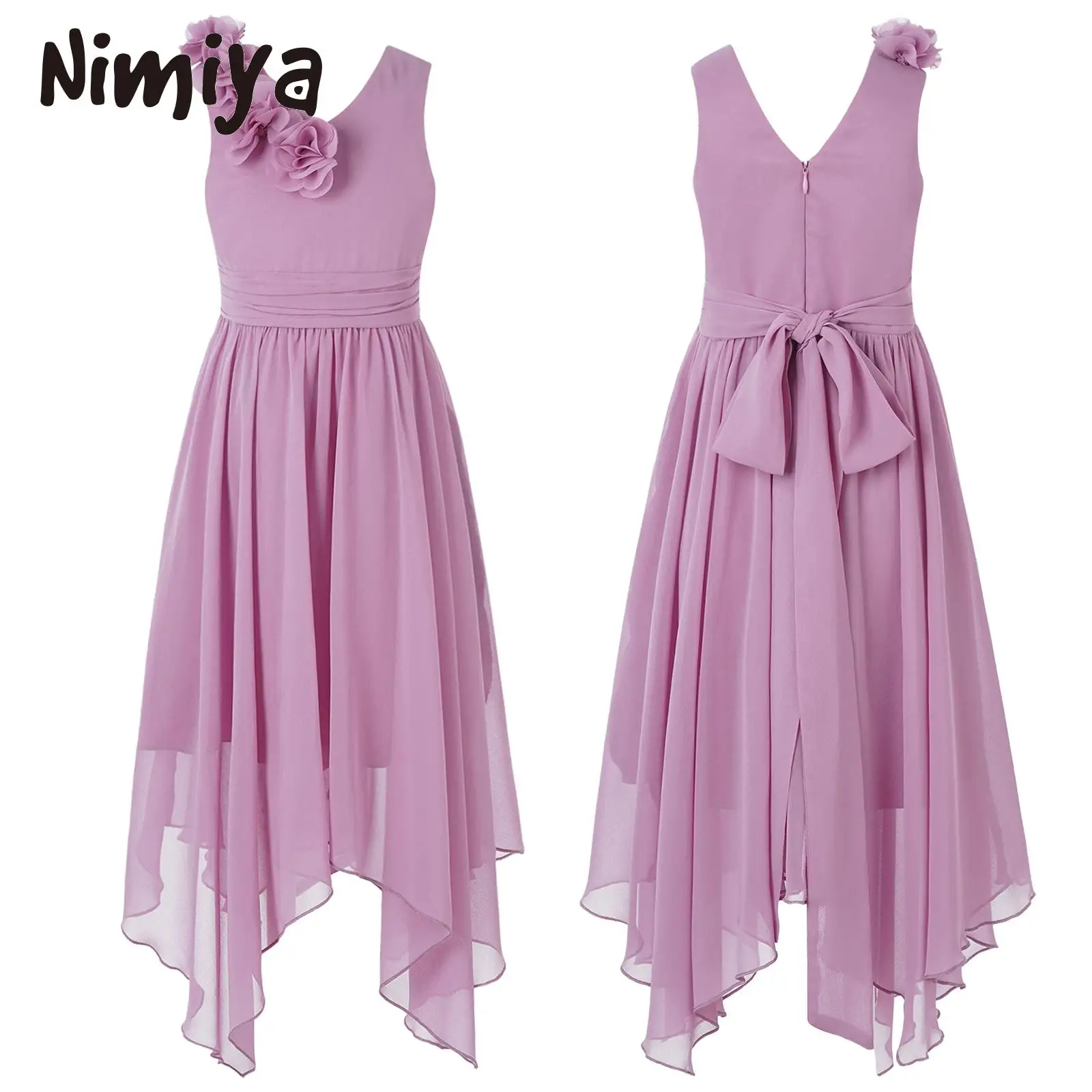 

Nimiya Kids Girls 3D Pure Pink Lace Applique V Neck Party Dress Sleeveless Asymmetrical Hem Chiffon Dress for Birthday/Weddings