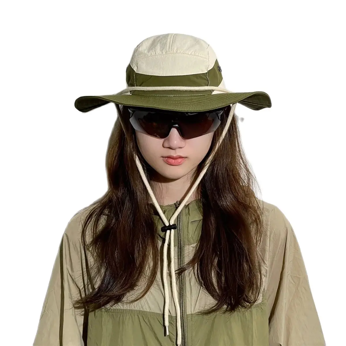 

2024 New Trend Color Collision Splicing Sun Hat Camping Fishing Mountaineering Drawstring Sun Hat Men And Women Hat