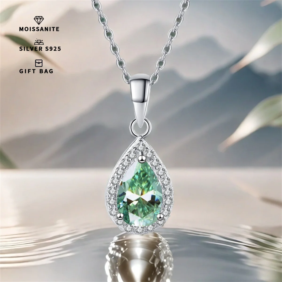 S925 silver plated platinum inlaid pear-shaped L-green GRA Moissanite Necklace Sweet Pendant Simple Clavicle Chain for women