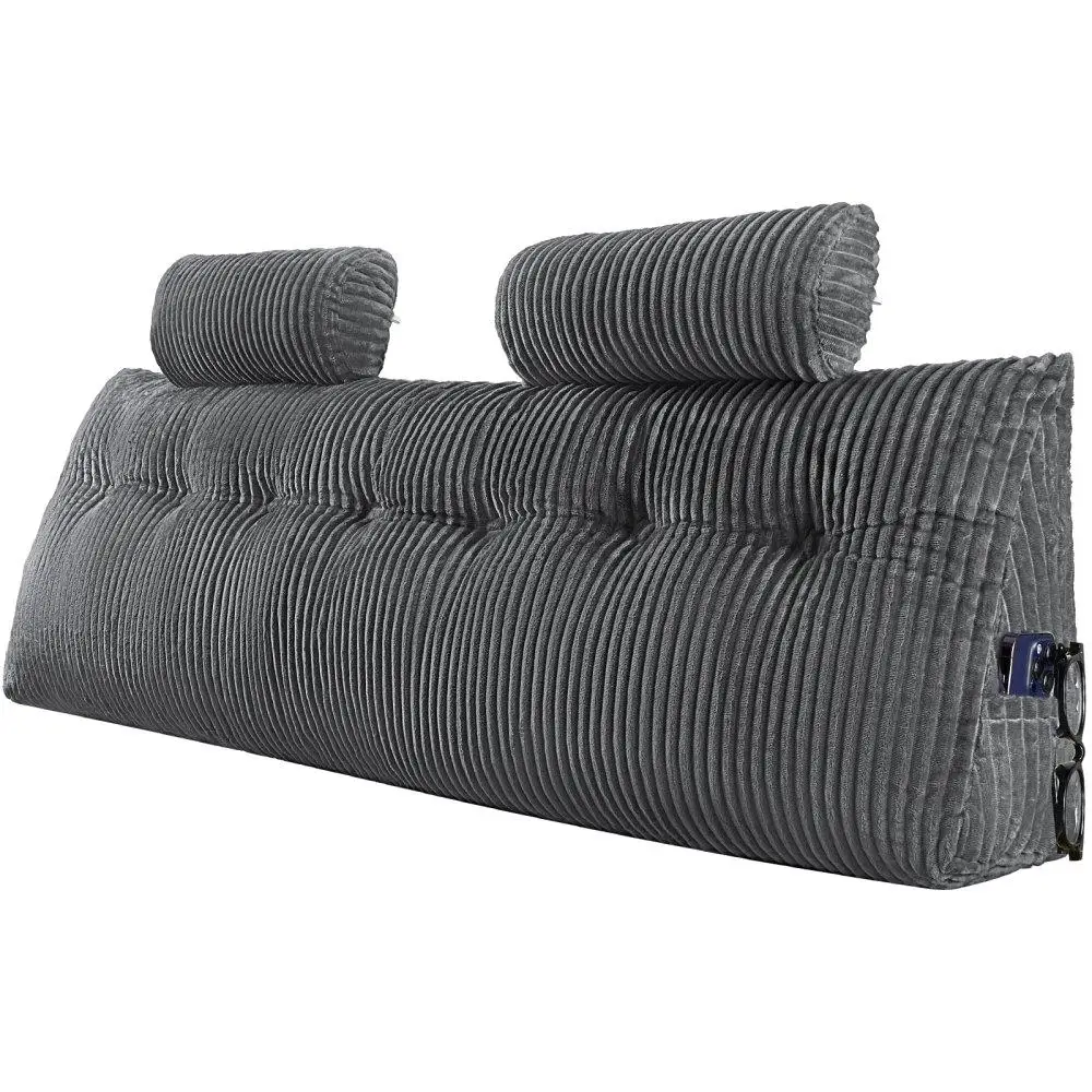 

King Size Wedge Bed Headboard Pillow with Side Pockets and Dual Headrests Soft Washable Fabric for reading Gaming and Working in