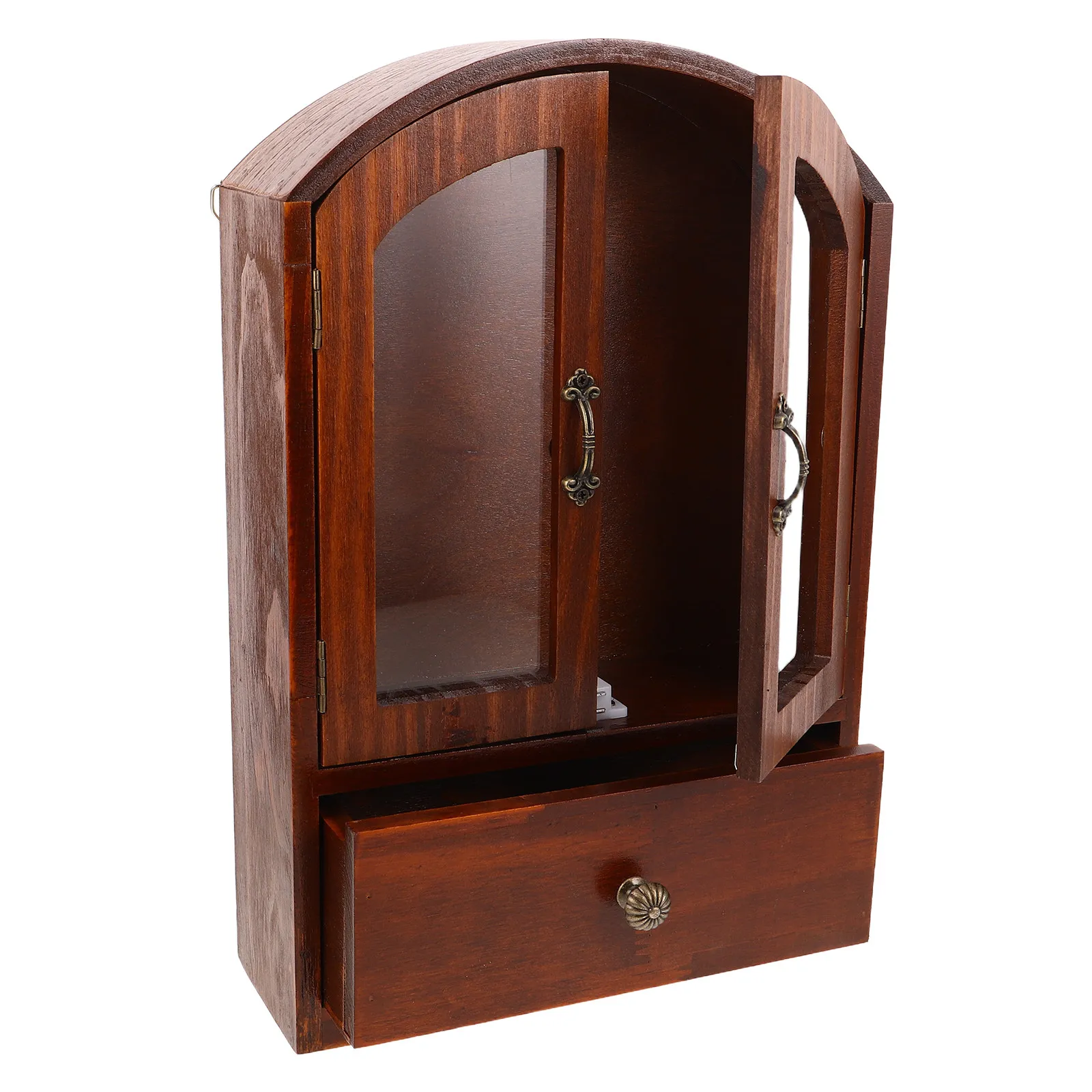 

Wood Desktop Storage Cabinet Retro Style Glass Door Drawer Organizer for Cosmetics Office Desk Organizer Small Space Saving