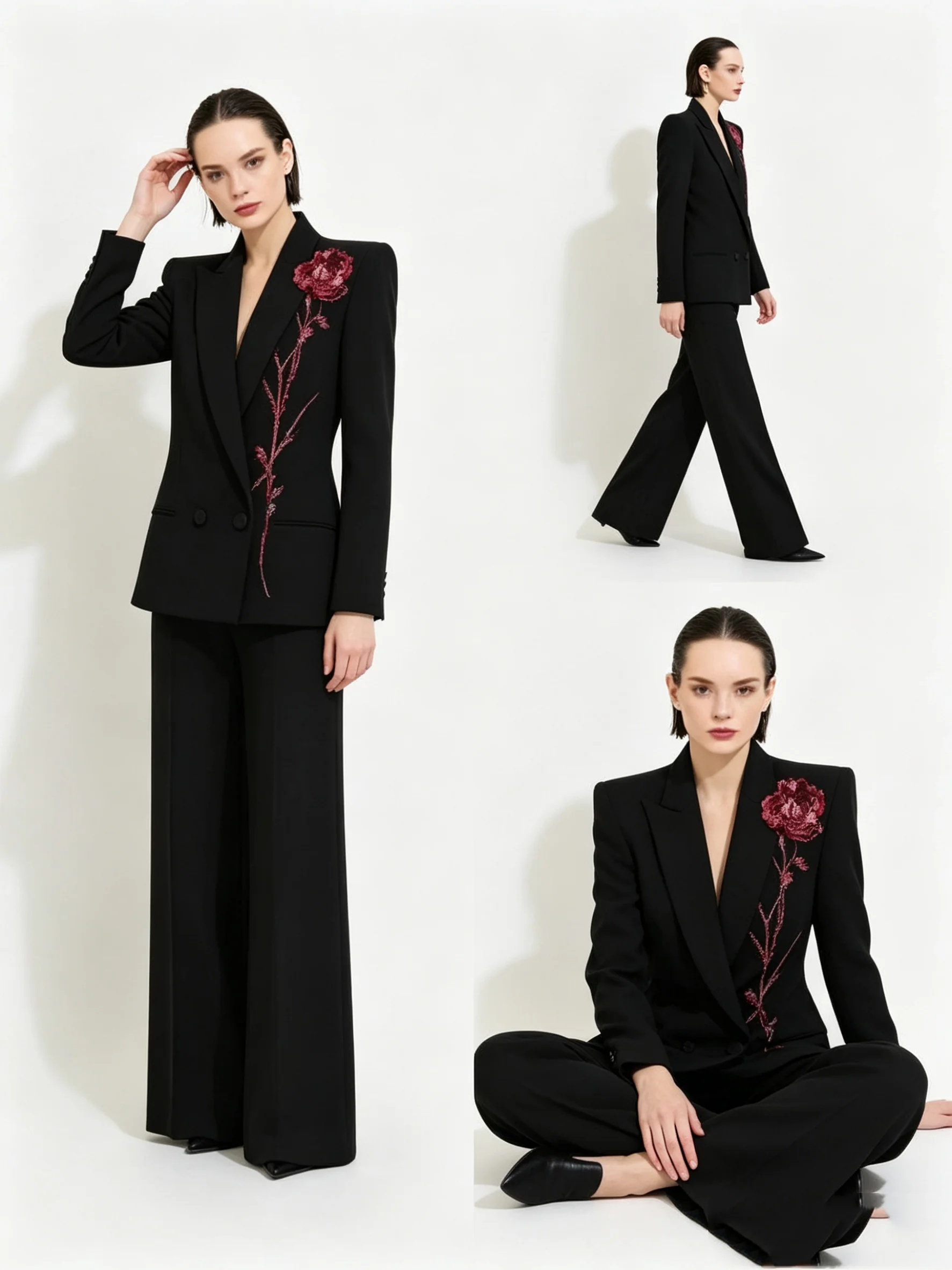 Black Women Suits Set 2 Piece Blazer+Pants Trousers Red Flower Formal Customized Office Lady Jacket Cotton Wedding Prom Coat