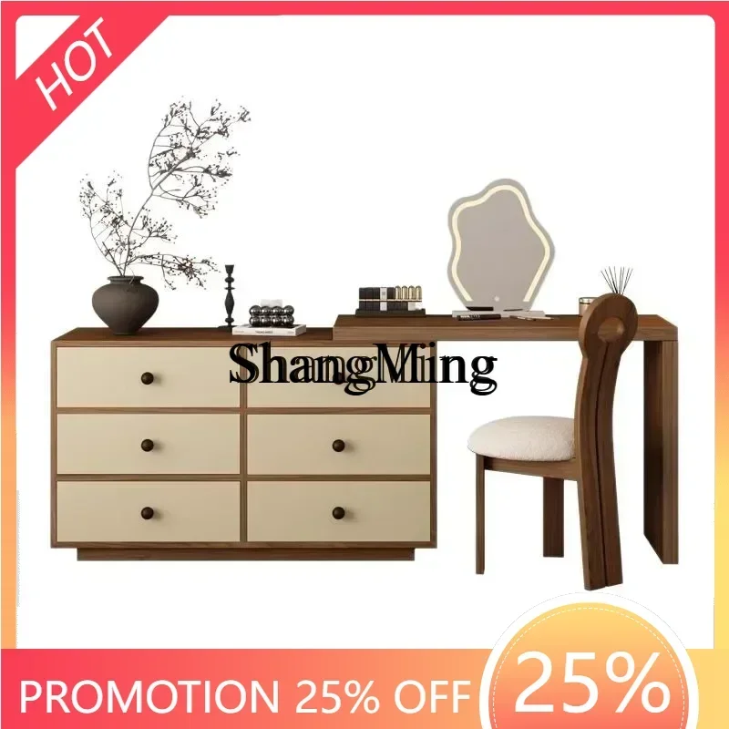 ZYY Home Retro Solid Wood Dresser Modern Simple Bedroom Dressing Table Wardrobe Retractable Bedside Table Integrated