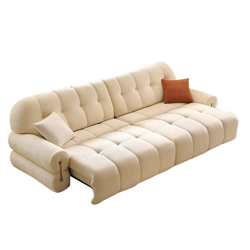 

French Cream Wind Marshmallow Fabric Sofa Bed, Piano Key Function Retractable Cloud Electric Sofa