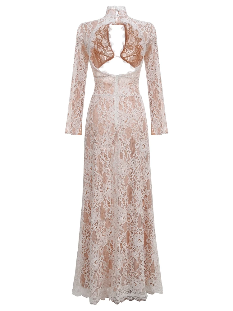 Novo sexy o pescoço renda cortar design vestido longo feminino renda branca manga longa alta divisão vestidos finos festa de noite vestidos de casamento