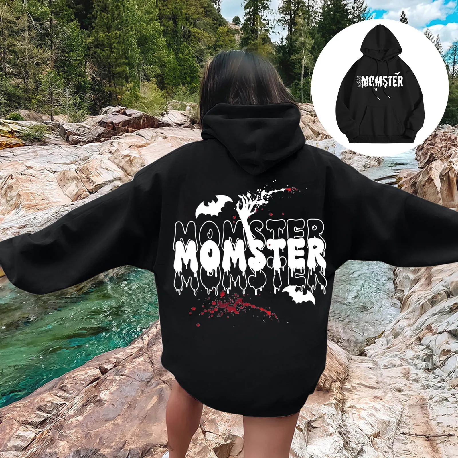 

Oversized MOMSTER Letter Bat Double-Sided Printed Ladies Halloween Hoodie Solid Color Loose Comfortable Casual Warm Jumper