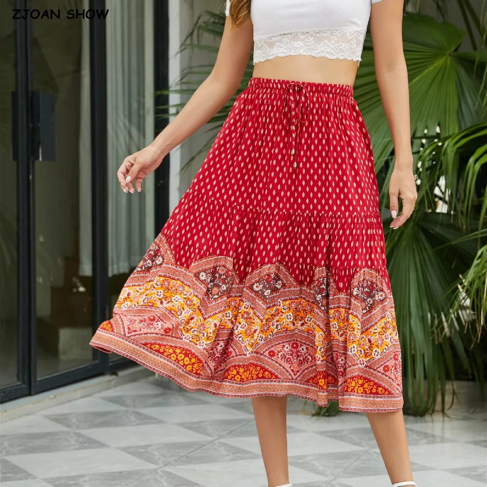 BOHO Summer Red Totem Floral Print Long Skirt Stitching Ruched Ruffle Hem Holiday Women Adjust Stream Waist Swing Skirts Beach