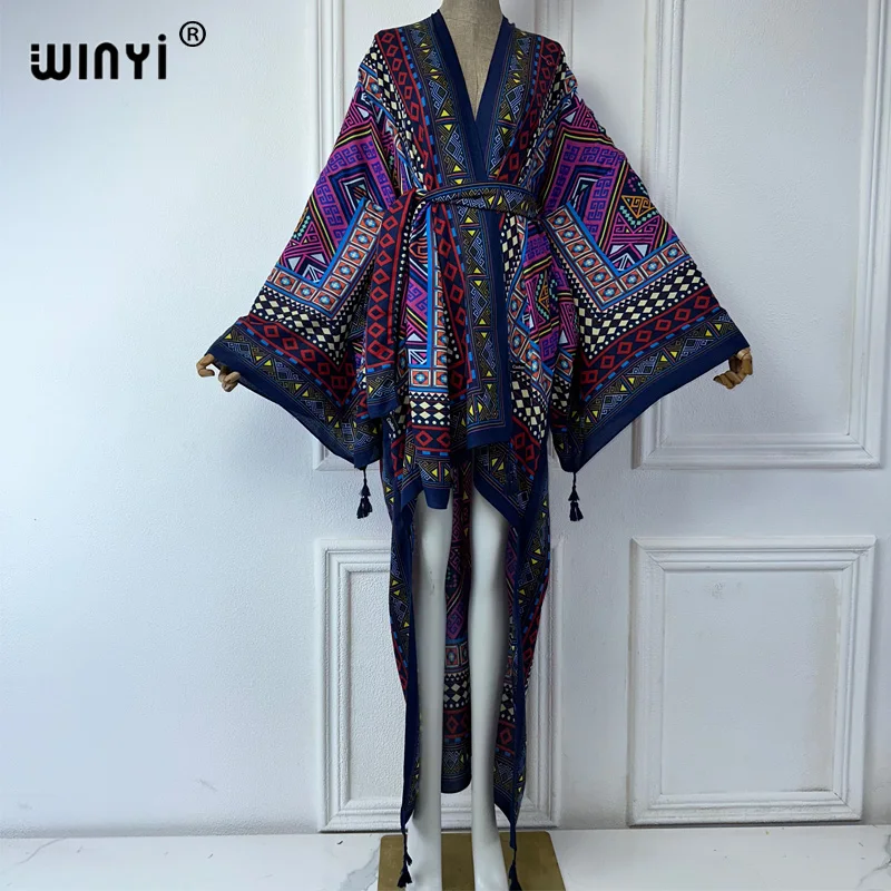 WINYI Summer Beach Wear Cover Up Lady Boho Cardigan printing elegant sexy Holiday Kimono maxi dress abaya dubai luxury