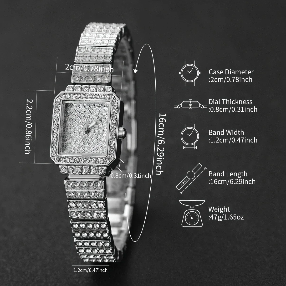 Mulheres Relógio completo de quartz de diamante, conjunto de joias feminino, pulseira prateada, luxo, sem caixa,