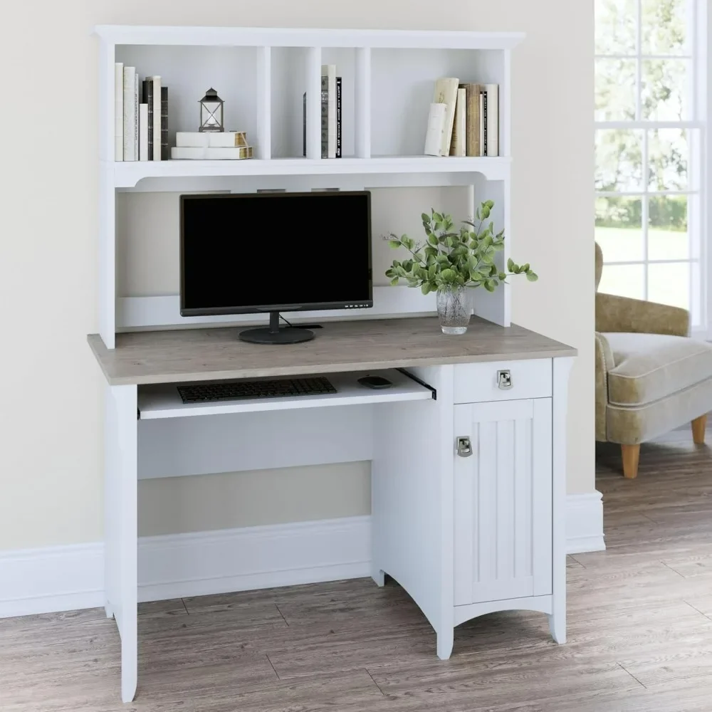 

Study Table with Drawers, Cabinets & Pullout Keyboard/Laptop Tray| Office Desk in Pure White and Shiplap Gray | Work Study Desk