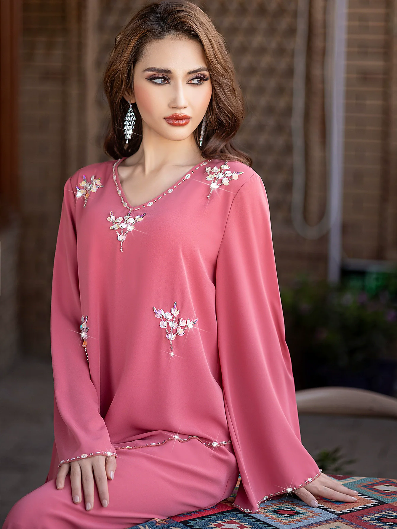 Ramadan Saudi Arabia Dubai Luxury Fashion Peach Handmade Nail Diamond Dress Summer Robe Middle Eastern Women's Islamic Dress