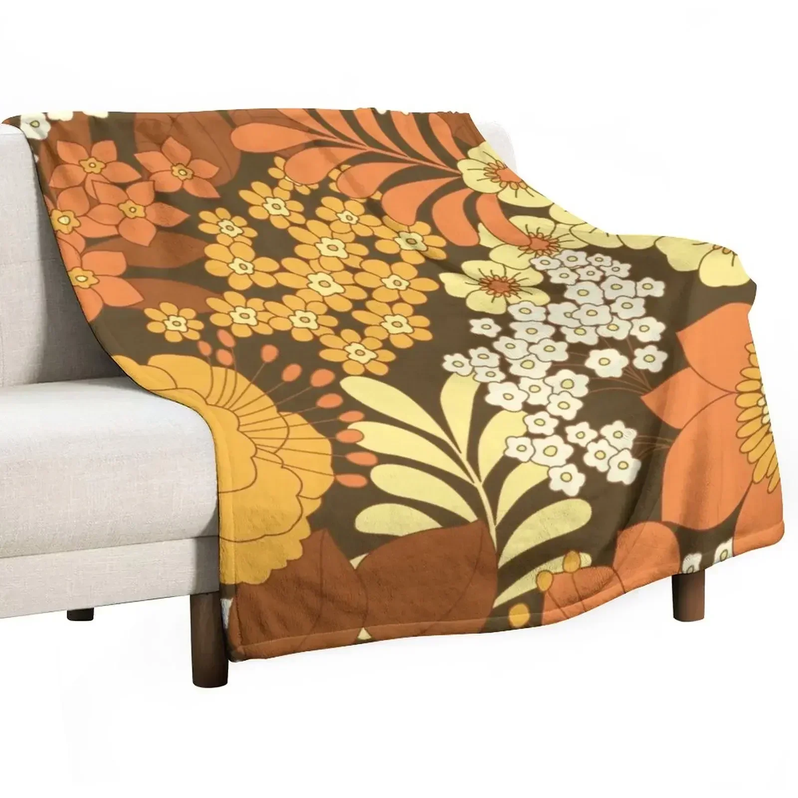 

Brown, Yellow, Orange & Ivory Retro Flowers Throw Blanket Softest Nap Soft Beds Blankets