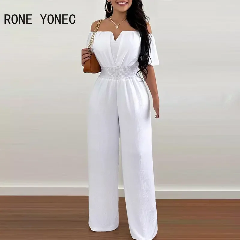 Women Elegant Solid Short Sleeves Slash Collar Small V Neck Straight Leg Working Jumpsuit