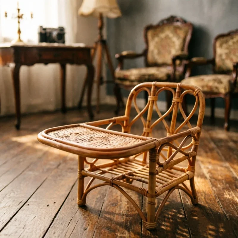 Vintage Handcrafted Rattan Seat Built In Side Tray Natural Wicker Structure For Indoor Outdoor Photoshoot Scene Decoration Prop