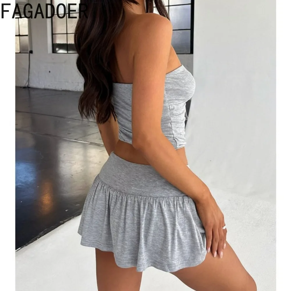 FAGADOER Sexy Solid Drawstring Mini Skirts Two Piece Sets Women Lace Up Sleeveless Backless Top + Skirts Outfits Female Clothing