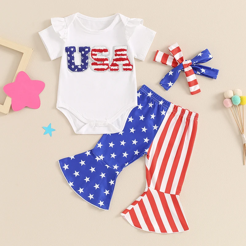 

Baby Girl 4th of July Outfit Letter Embroidery Short Sleeve Romper Striped Flare Pants Headband Toddler Summer Set