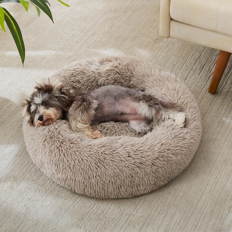 Cama calmante para cães e gatos, anti-ansiedade, donut, aquecimento, cama redonda macia e aconchegante, cama de almofada de pelúcia de pele sintética fofa