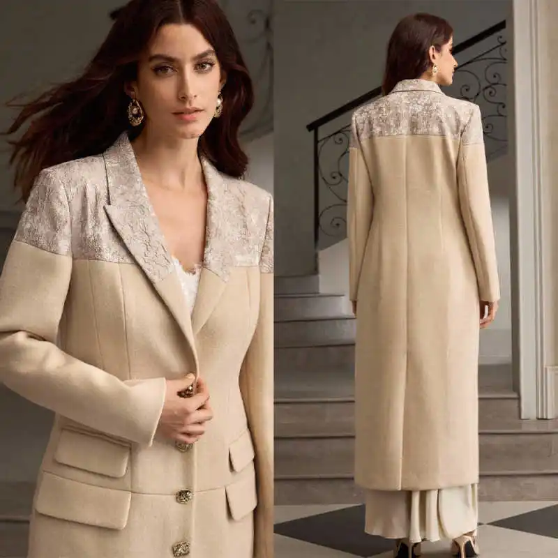

Gorgeous Long Women Coat One Piece Autumn Winter Office Ladies Work Wool Blend Wedding Party Customized Overcoat