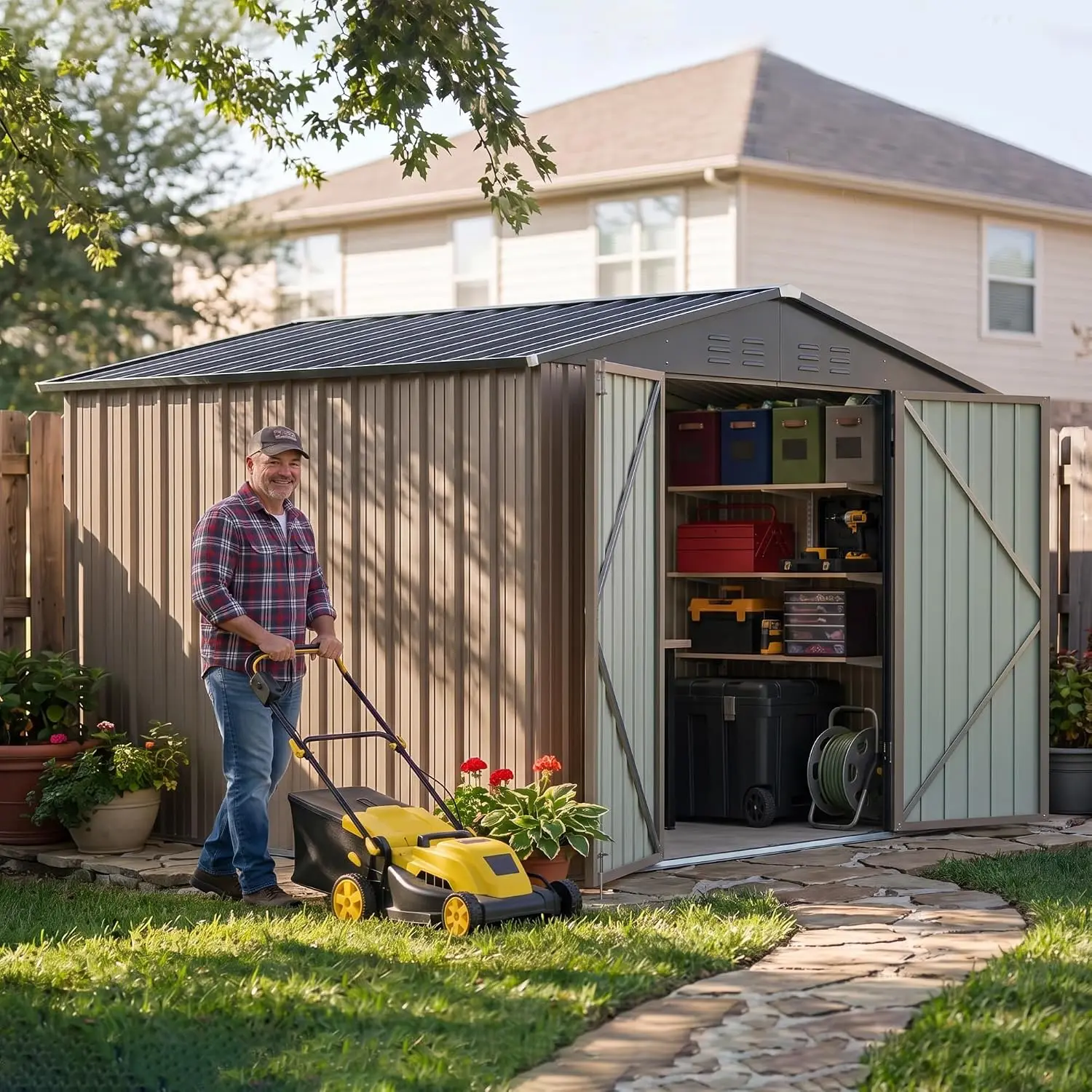 8x10 FT Outdoor Storage Shed, Metal Tool Shed with Lockable Door&Slooping Roof, Outside Storage for Garden Backyard Patio