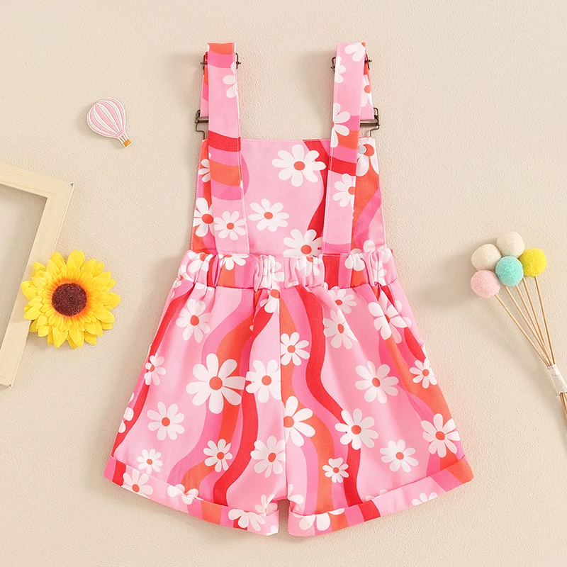 Toddler Kids Clothes Baby Girls Overalls Daisy Print Sleeveless Straps Buttons Pockets Summer Romper Jumpsuits Newborn Clothing