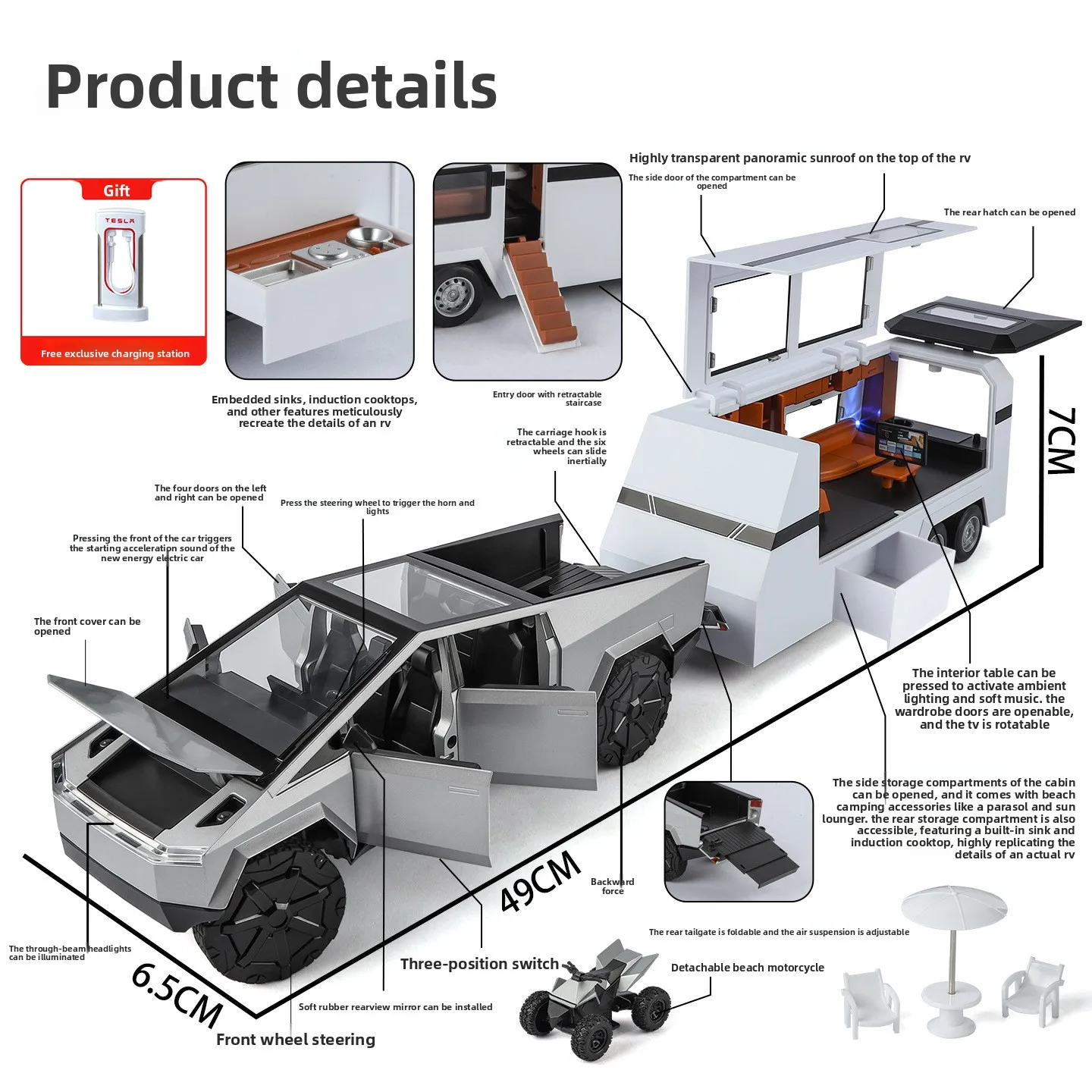 

1:24 Cybertruck Off Road Pickup Trailer Alloy Car Diecast Model Sound And Light Children Toy Fashion Home Furnishings Gifts Boys