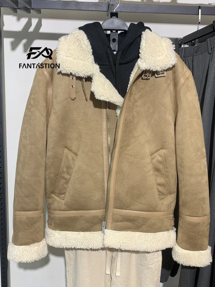 FANTASTION Faux suede Leather and fur Lambwool Men's winter padded jackets high quality padding Men's jacket Quilted jacket
