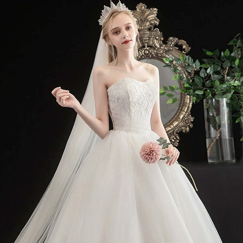 AnXin SH princess white flower lace strapless sleeveless ball gown lace up party bride simple customized wedding dress