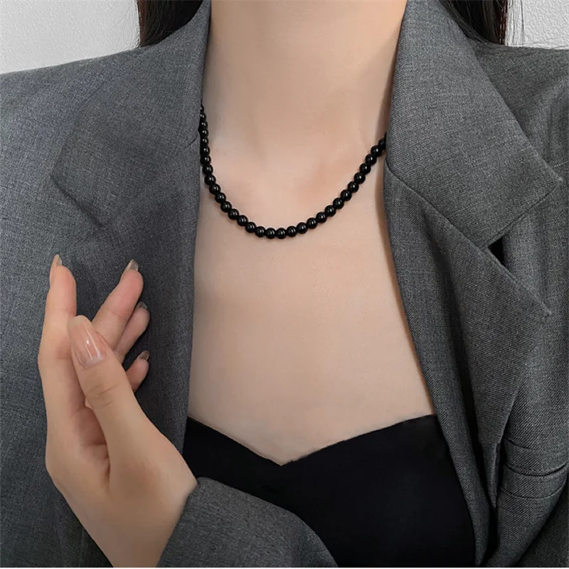 French Vintage Black Pearl Choker Simple Acrylic Beaded Chain Necklace For Women Jewelry Accessories Women\'s Gift