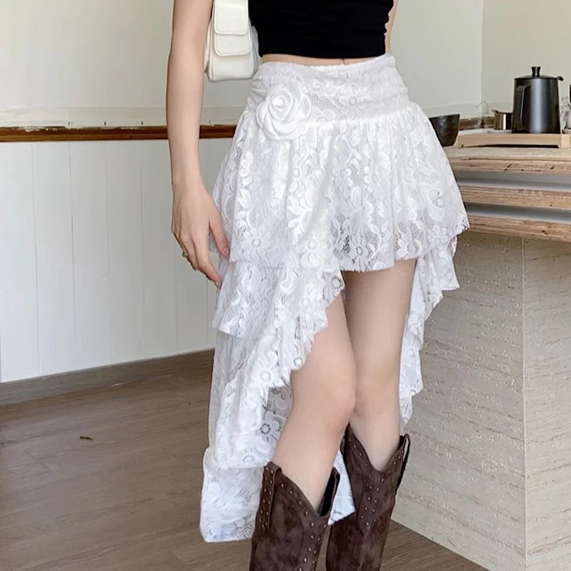 Vintage Appliques Skirt Hottie Streetwear Irregular Hem High Waist A Line Skirt Elegant White Ruffles Transparent Skirt