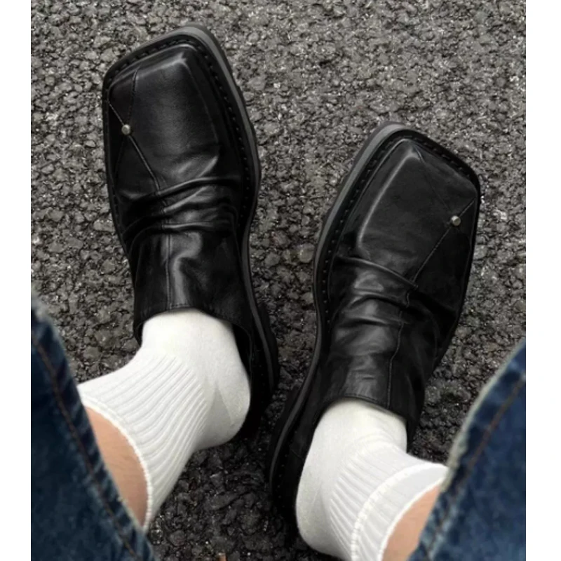 Men's Square Toe Mules Thick Platform Slip-On Half Shoes Vintage Pleated Black Loafers Casual Closed-Toe Backless Slipper