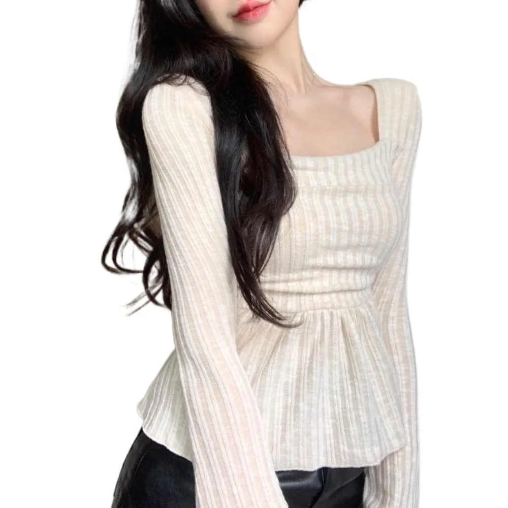 

Милые тонкие топы со складками по подолу, однотонная футболка с квадратным вырезом и длинными рукавами, нижняя рубашка, тонкий длинный вязаный топ для девочек