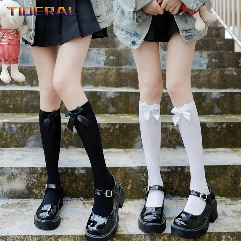

Opaque Bow Knee High Socks New Women Black White Sexy Thigh High Stockings over Knee Long Tights for Girls Ladies