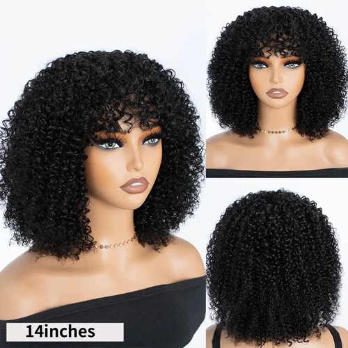 Imagen 2 del producto Pelucas Bob Rizadas Completas de Cabello Humano, Pelucas Afro Rizadas con Flequillo, Pelucas Bob Rizadas Jerry sin Pegamento, Pelucas de Cabello Humano Brasileño