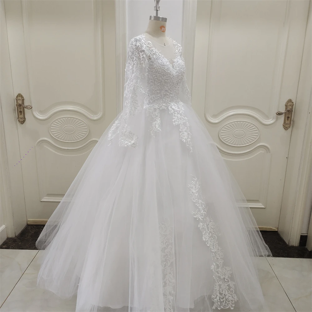 Customized ZJ9320 Boho Lace Tulle Wedding Dress Princess Champagne A-Line V-Neck Long Sleeves Appliques Illusion Backless Bridal