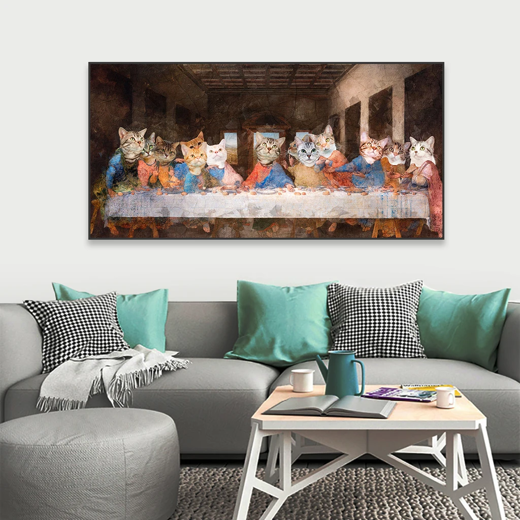 Renaissance  Last Supper Prints Tabby Cat Art Poster Vintage Cats Animal Canvas Painting Prints Funny Dinning Room Decoration