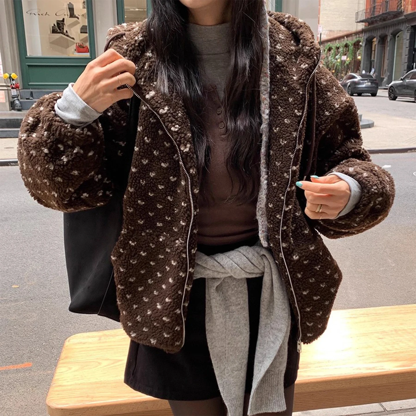 

Женский зимний новый свободный хлопковый топ на молнии с капюшоном из овечьего меха в стиле ретро, новый свободный хлопковый топ на молнии ort Sle