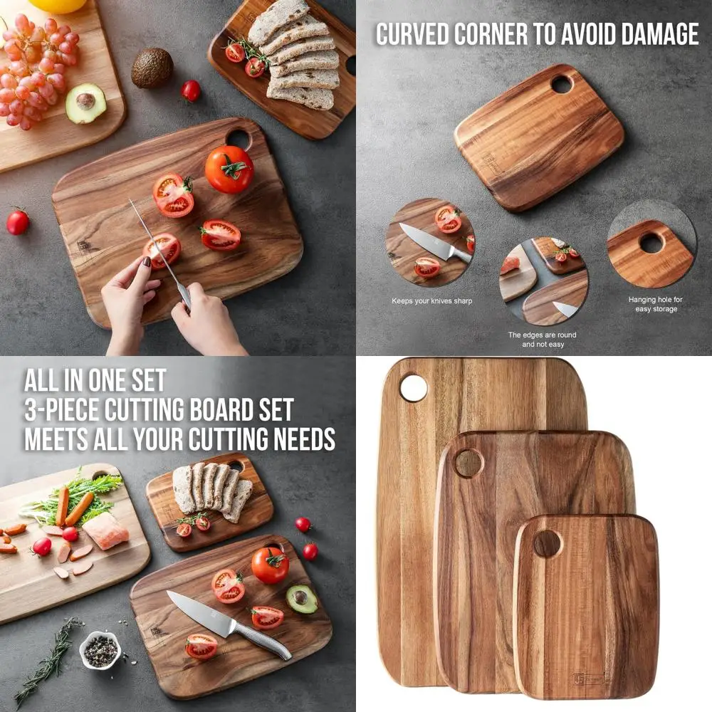 

Set of 3 Acacia Wood Kitchen Cutting Boards, Thick Chopping Blocks, Wooden Trays for Meat, Fruits, Vegetables, and Cheese