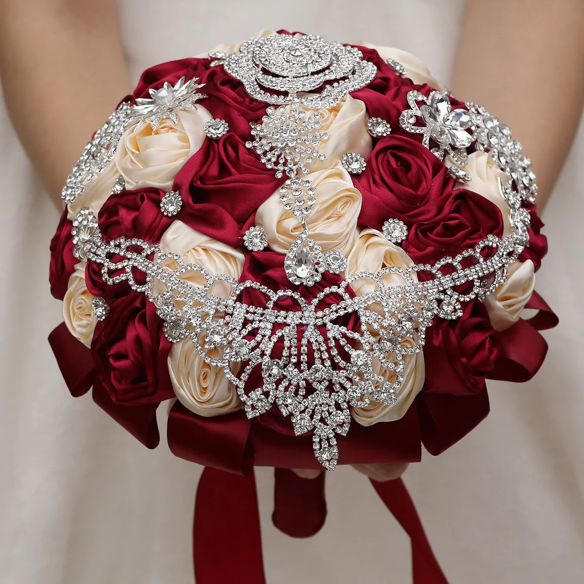 Burgundy Bride Wedding Hand imitation Rose Eternal bouquet Tassels crystal camellia silver diamond ribbon handmade flower ball