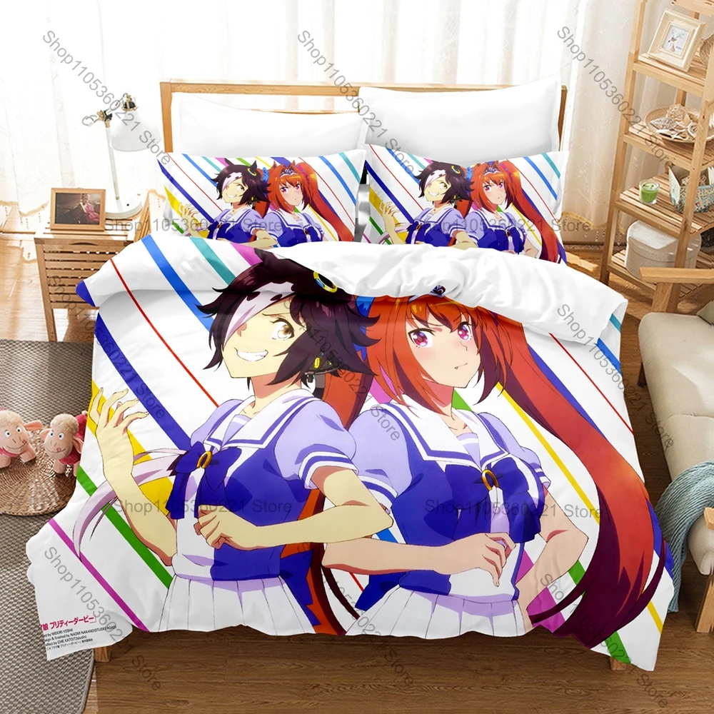 Pretty Derby Anime Bedding Set, Duvet Cover + 2 Pillowcases Vivid Cartoon Pattern for Home and Dorm Daily Use